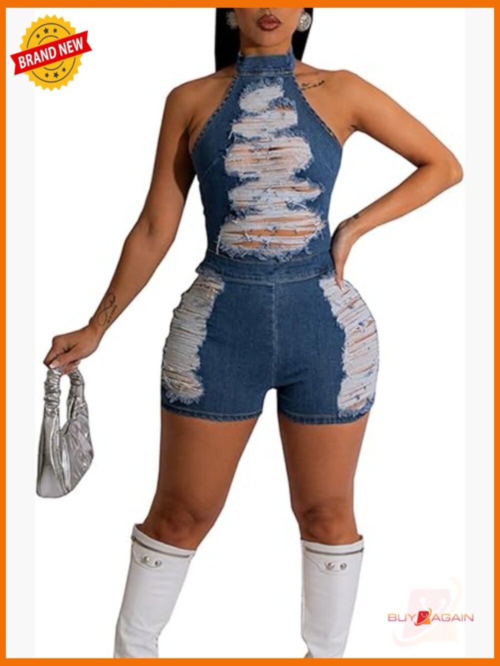 Backless Denim Jumpsuit Romper High Waist Ripped Casual Overalls